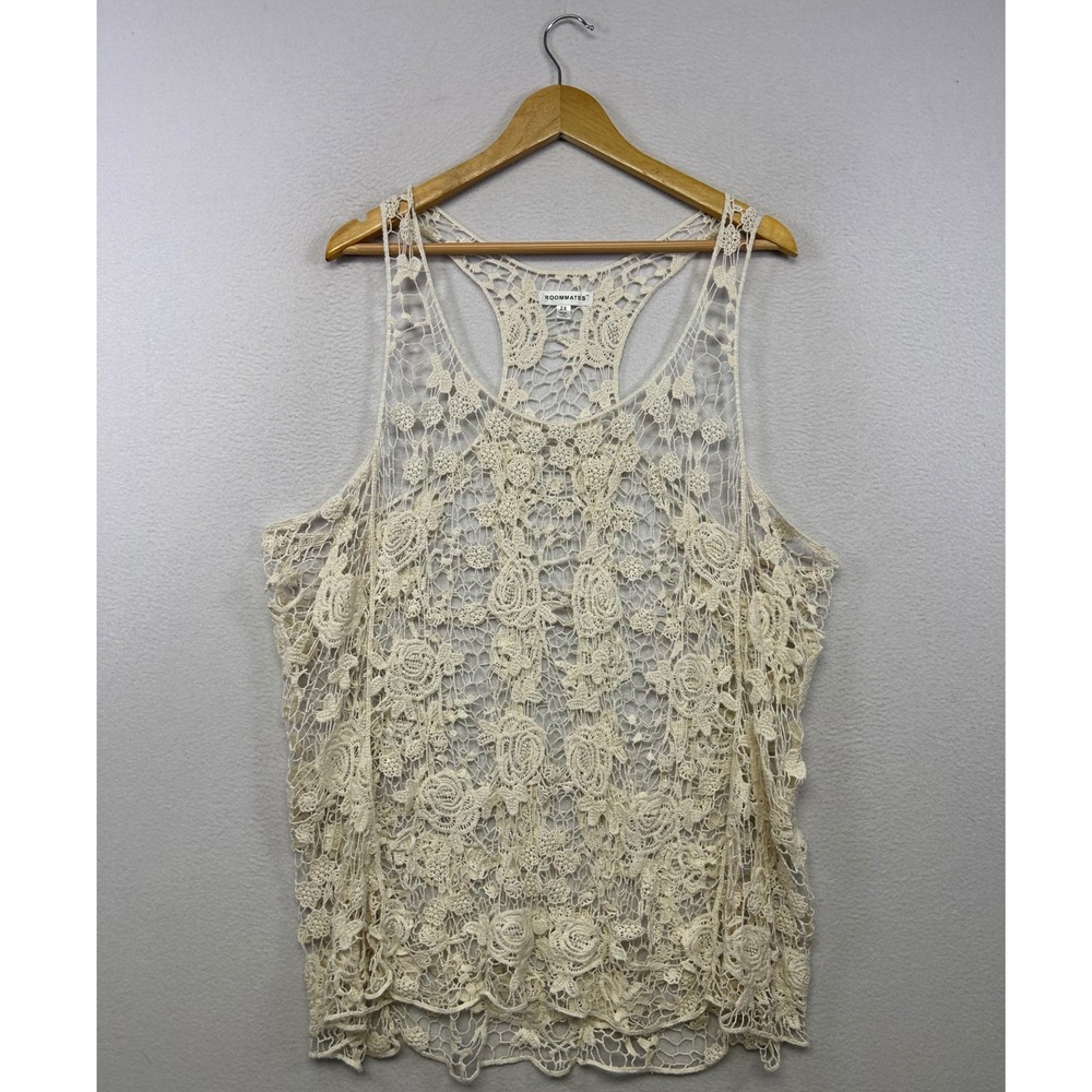 Boho Cottagecore Roommates Women 2X Cream Floral Lace Crochet Racerback Tank Top